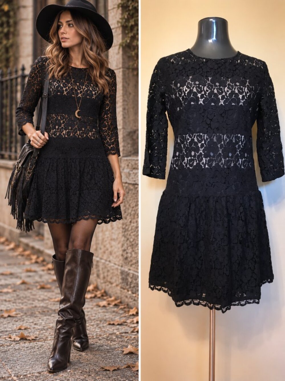 Jacob Black Floral Lace Drop Waist Mini Dress 3/4 Sleeve Whimsigoth S